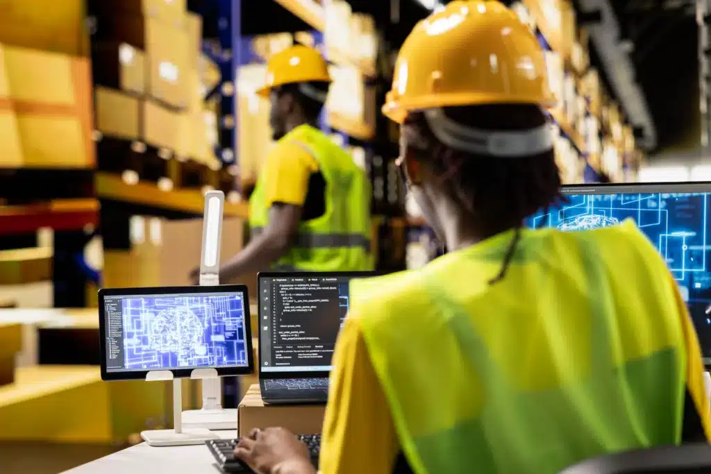 female warehouse staff overseeing order fulfillment with ai brain support 1
